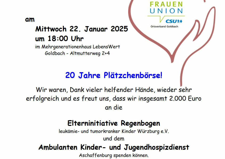 Einladung zu „Politik trifft helfende Hände“ des FrauenUnion Ortsverbands Goldbach am Mittwoch, 22. Januar 2025 um 18:00 Uhr im Mehrgenerationenhaus LebensWert Goldbach